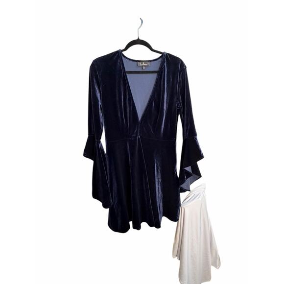 Lulus Navy Blue Velvet Bell Sleeve Skater Dress Small Deep V Cocktail Party - Picture 8 of 12